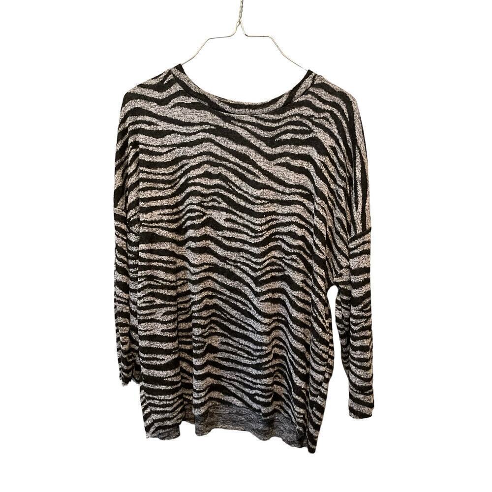 Zara‎ Top Women's Large Heather Gray Zebra Print Round Neck Long Sleeve Pullover